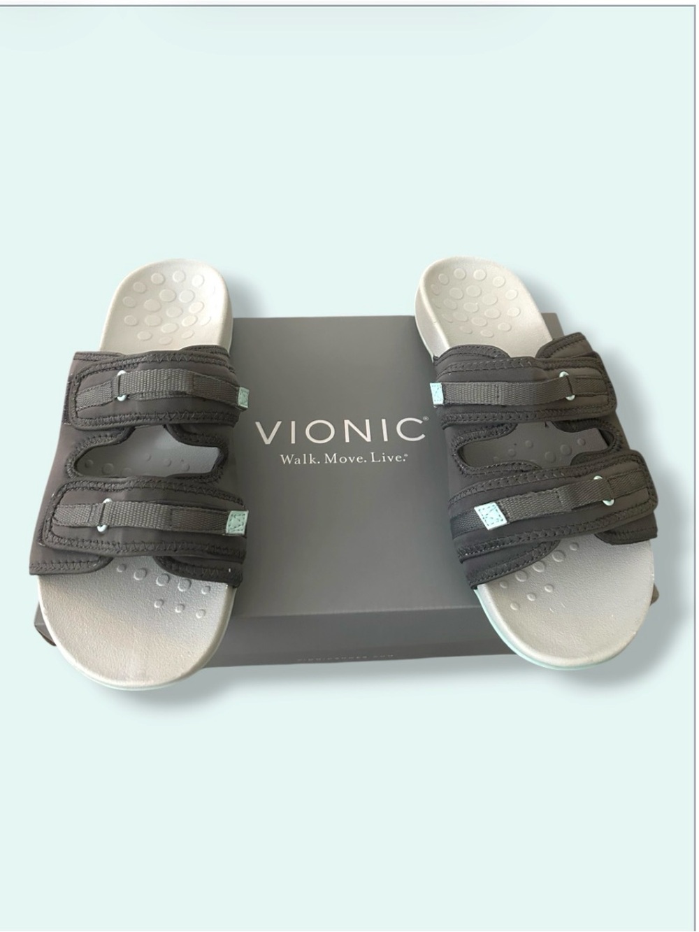 Vionic Women’s Double-Strap Slide Sandals in Black and Light Gray - Picture 2 of 16